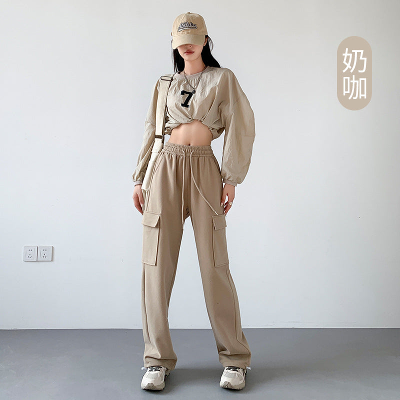 Women Fashion Casual High Waist Loose Harlan Straight Cargo Pants