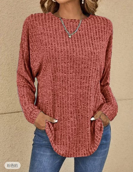 Camiseta holgada informal de talla grande para mujer, básica, de punto, de otoño, con cuello redondo, lisa, de manga larga