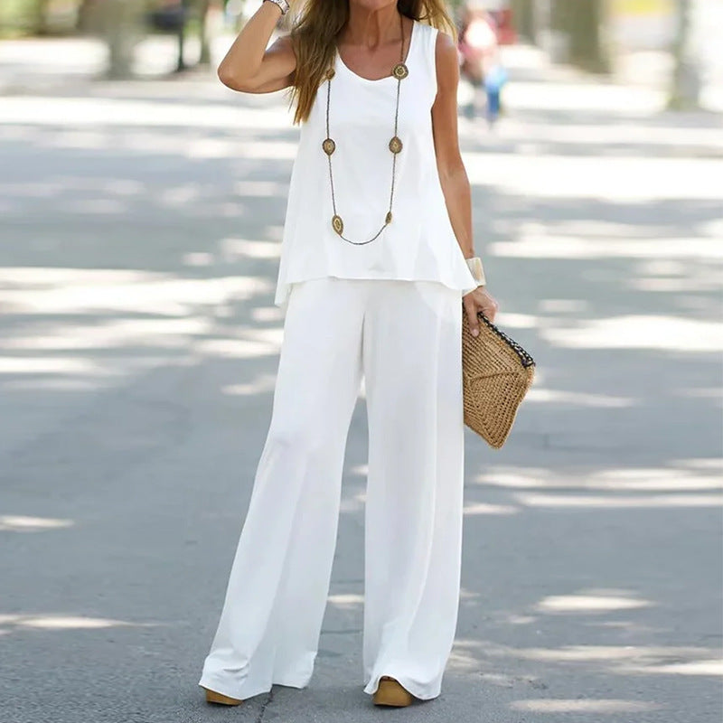 Conjunto de dos piezas de blusa sin mangas con estampado floral informal de verano para mujer, pantalones de cintura alta