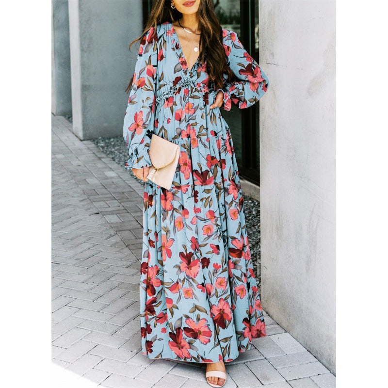Women Ruffled Layered Long-Sleeve Tiny Flower Pullover V-Neck Casual Maxi Dress