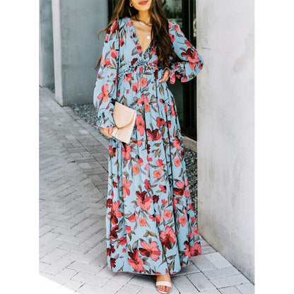 Women Ruffled Layered Long-Sleeve Tiny Flower Pullover V-Neck Casual Maxi Dress