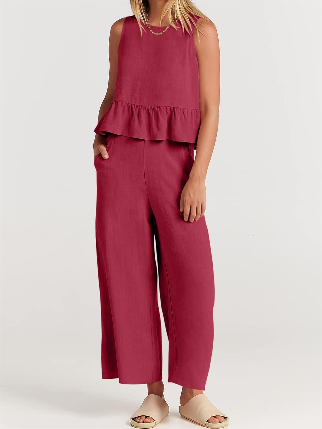 Conjunto informal de verano para mujer, blusa sin mangas con volantes y pantalones de pierna ancha