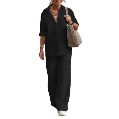 Conjunto de pantalones casuales de color sólido y pierna ancha para mujer