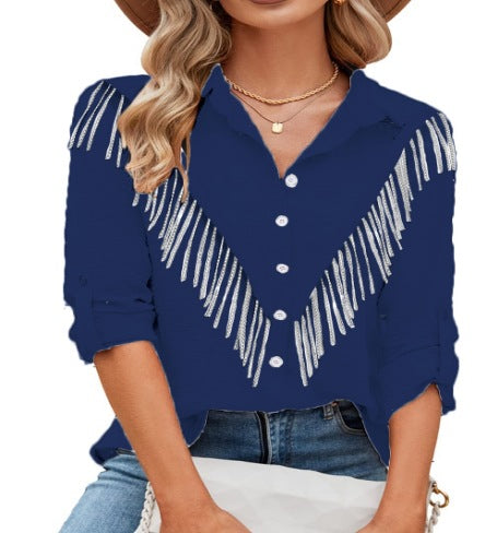Blusa informal de manga larga con solapa y borlas de diamantes de imitación para mujer