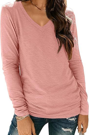 Camiseta informal de manga larga con cuello en V y color liso para mujer