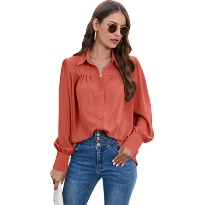 Blusa informal de gasa plisada de manga larga de color liso para mujer, talla grande