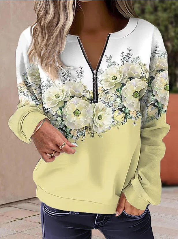 Women Casual Floral Printed V-Neck Long-Sleeve Pullover Loose Sweatshirt