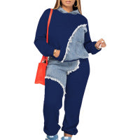 Conjunto de dos piezas con capucha y pantalones de mezclilla con parches informales a la moda para mujer