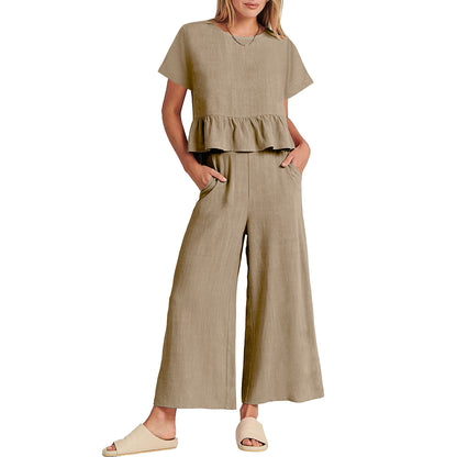 Conjunto de pantalón casual de manga corta con volantes de color liso para mujer