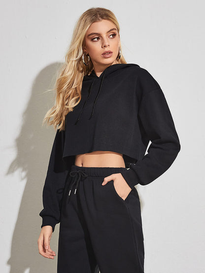 Sudadera corta básica informal de polar de color liso con mangas largas para mujer