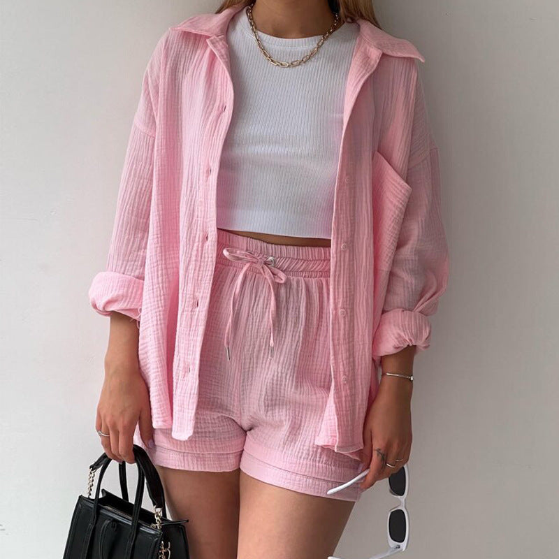 Conjunto informal de dos piezas para mujer, con solapa plisada, manga larga y pantalones cortos de cintura alta, color liso