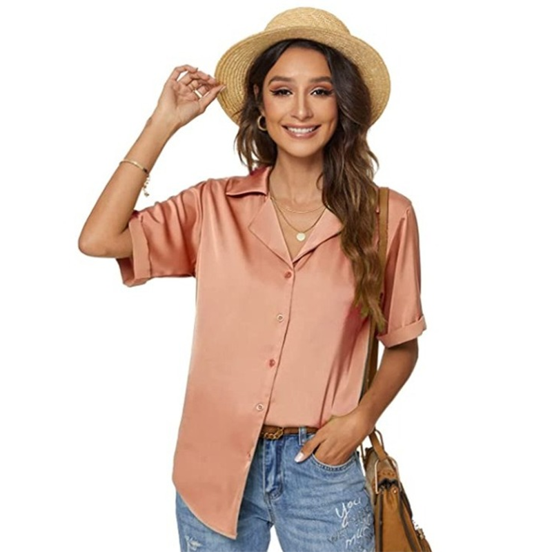 Blusa holgada informal de un solo pecho para mujer, elegante, de oficina, básica, de satén, de manga corta, de verano, de color liso