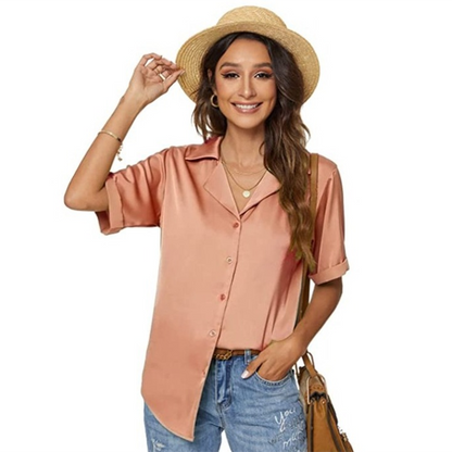 Blusa holgada informal de un solo pecho para mujer, elegante, de oficina, básica, de satén, de manga corta, de verano, de color liso