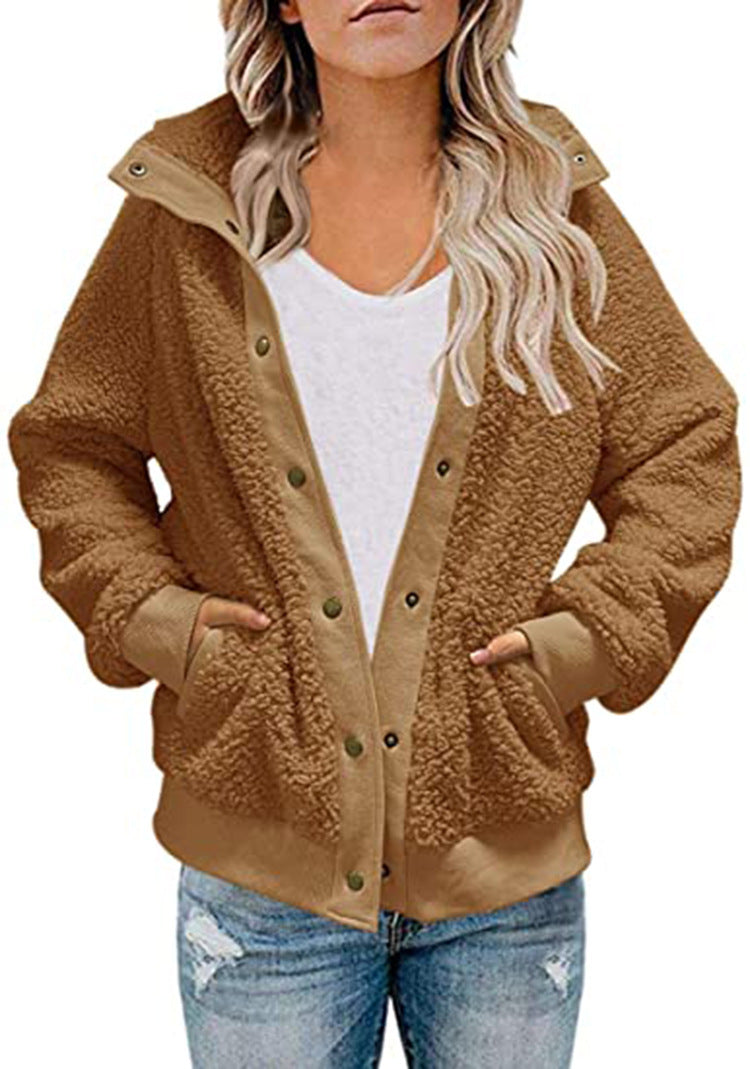Abrigo de peluche holgado informal de invierno de manga larga y color liso para mujer