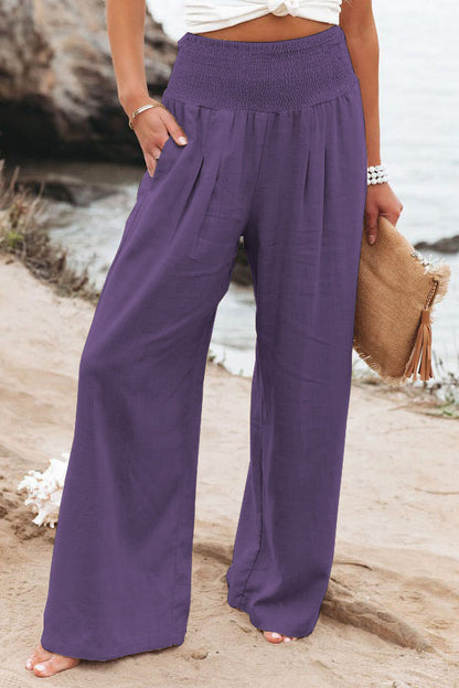Women Cotton Linen Pockets Solid Loose Casual Wide Leg Long Trousers Pants