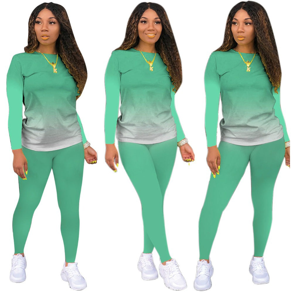 Conjunto de dos piezas de camiseta y pantalones de manga larga con degradado de color para mujer, estilo casual de otoño