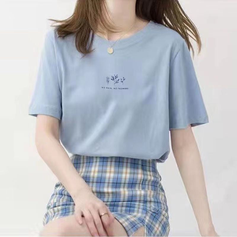 Camiseta informal de verano para mujer con estampado de plantas, cuello redondo y manga corta