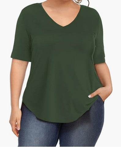 Summer Women Casual Plus Size Solid Color V-Neck Short-Sleeved T-Shirt