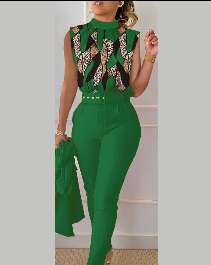 Women Fashion Casual Geometric Floral Printed Vest Casual Pants Two-Piece Set Without Jacket