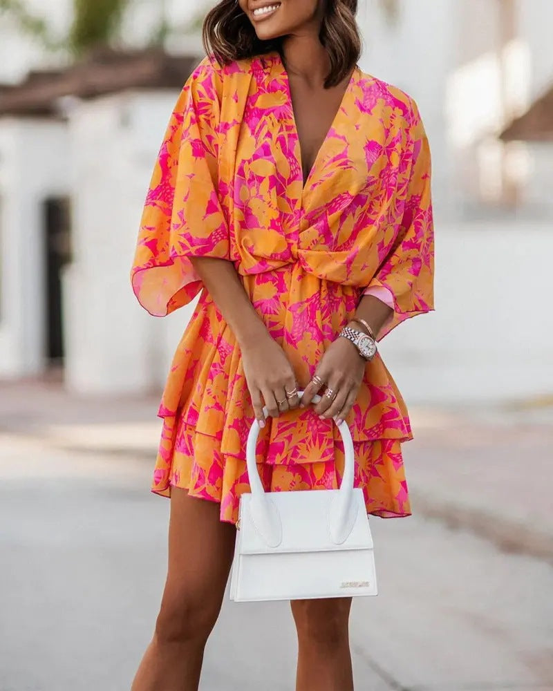 Vestido informal con estampado geométrico y mangas murciélago y cuello en V para mujer