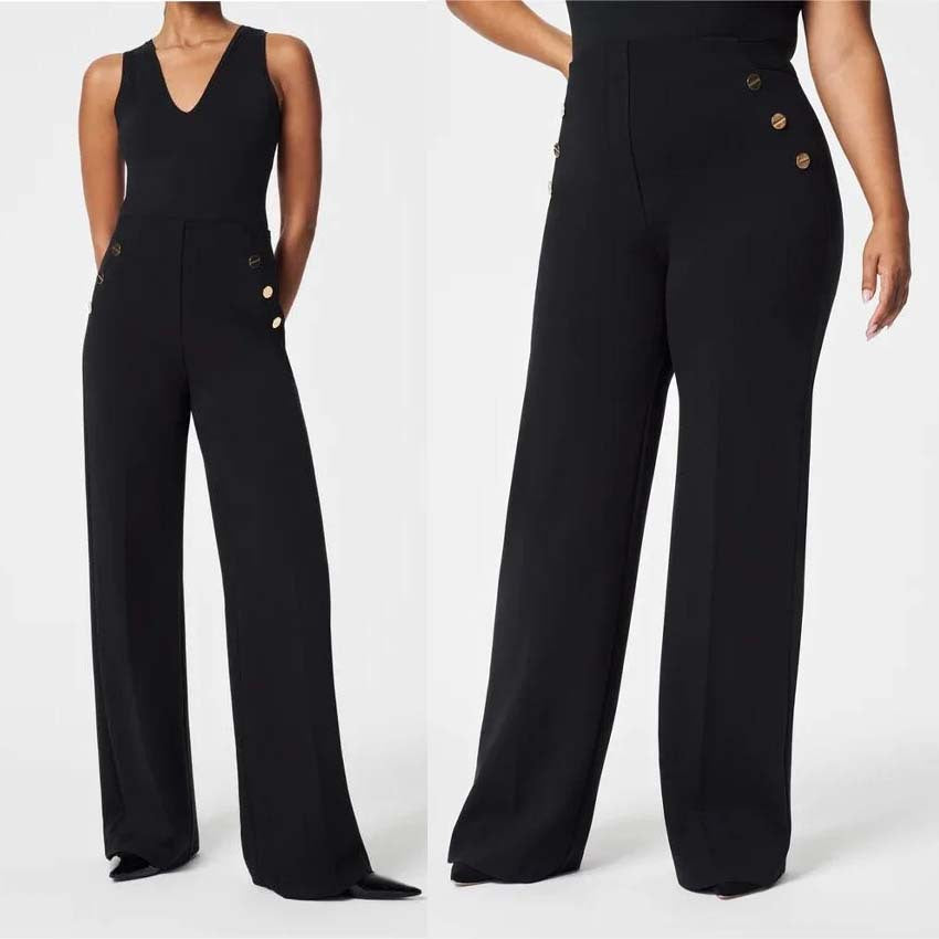 Women Fashion Casual High Waist Button Wide Leg Slim Fit Pants