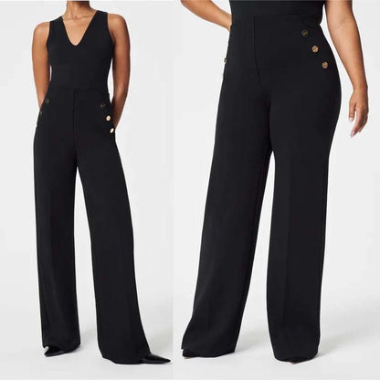Women Fashion Casual High Waist Button Wide Leg Slim Fit Pants
