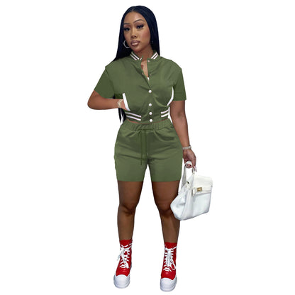 Conjunto de dos piezas de uniforme de béisbol y pantalones cortos de manga corta con botonadura sencilla para mujer, estilo deportivo e informal