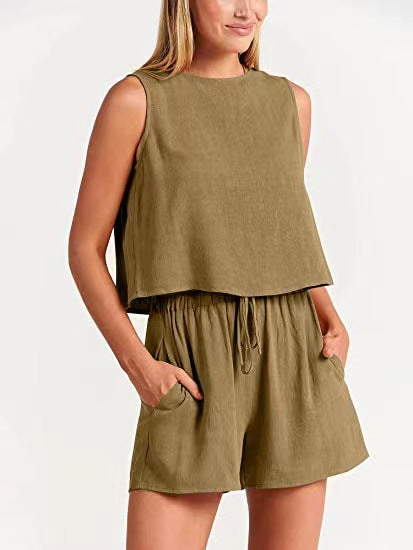 Conjunto de dos piezas formado por camiseta sin mangas y pantalones cortos de cintura alta, para mujer, estilo informal, para vacaciones de verano