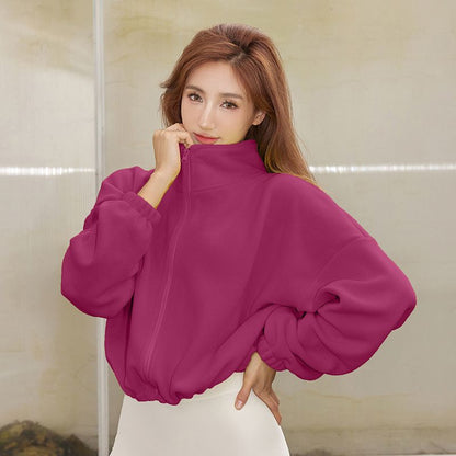 Women Casual Solid Color Fleece-Lined Warm Stand Neck Long-Sleeve Drawstring Sports Top