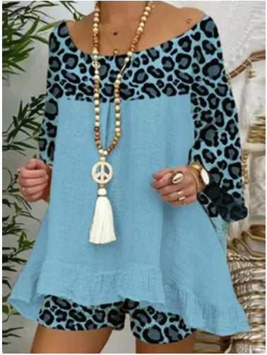 Conjunto de dos piezas con top y pantalones cortos con estampado de leopardo para mujer