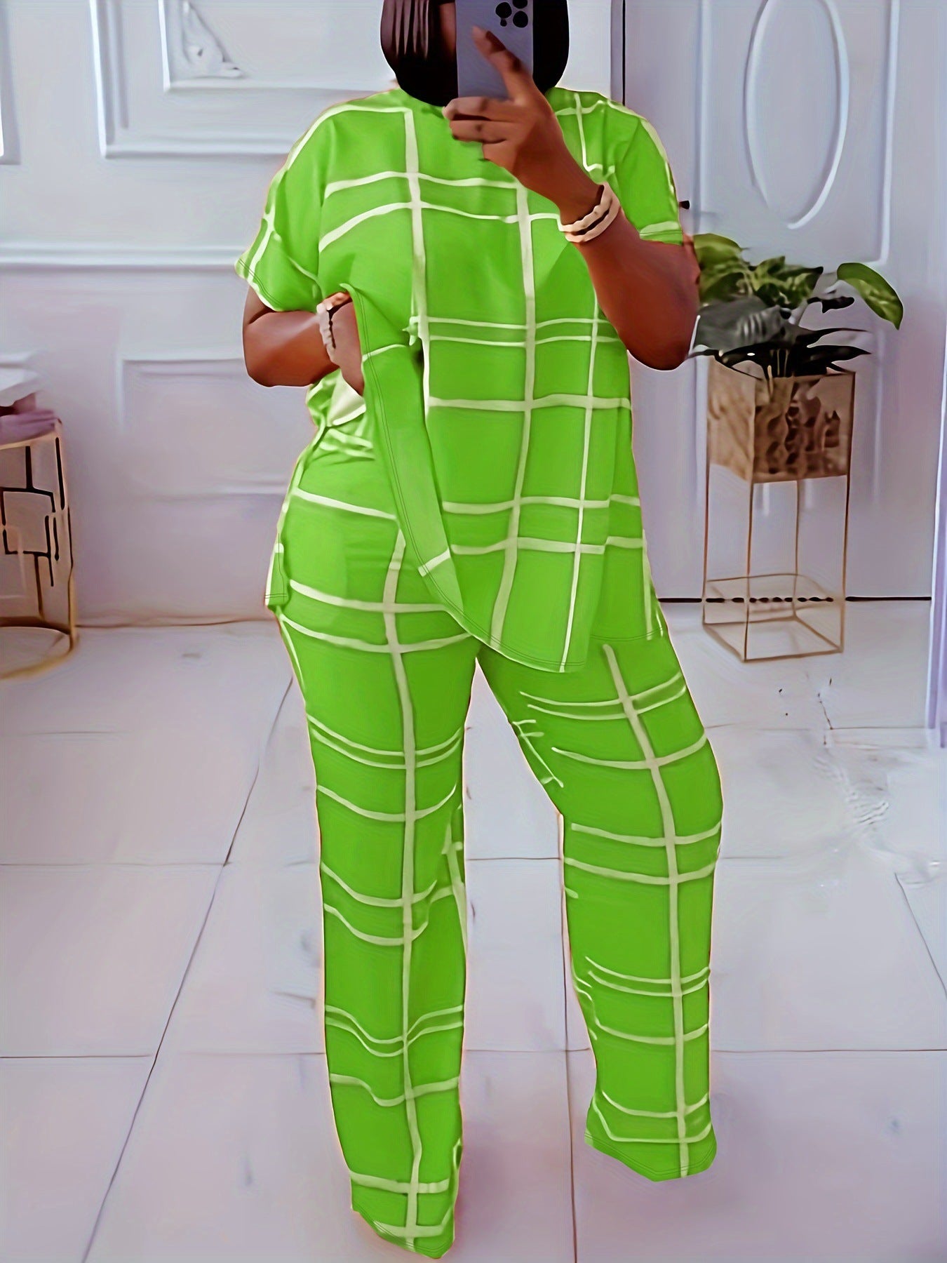 Conjunto de dos piezas informal de talla grande para mujer, con estampado a cuadros, manga corta, pantalones anchos