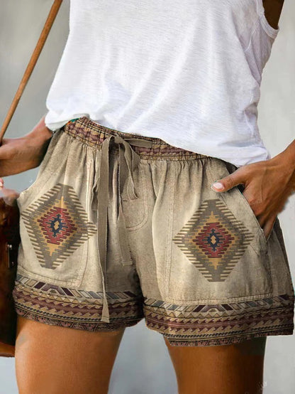Pantalones cortos holgados con cordones y cintura alta con estampado digital informal a la moda para mujer