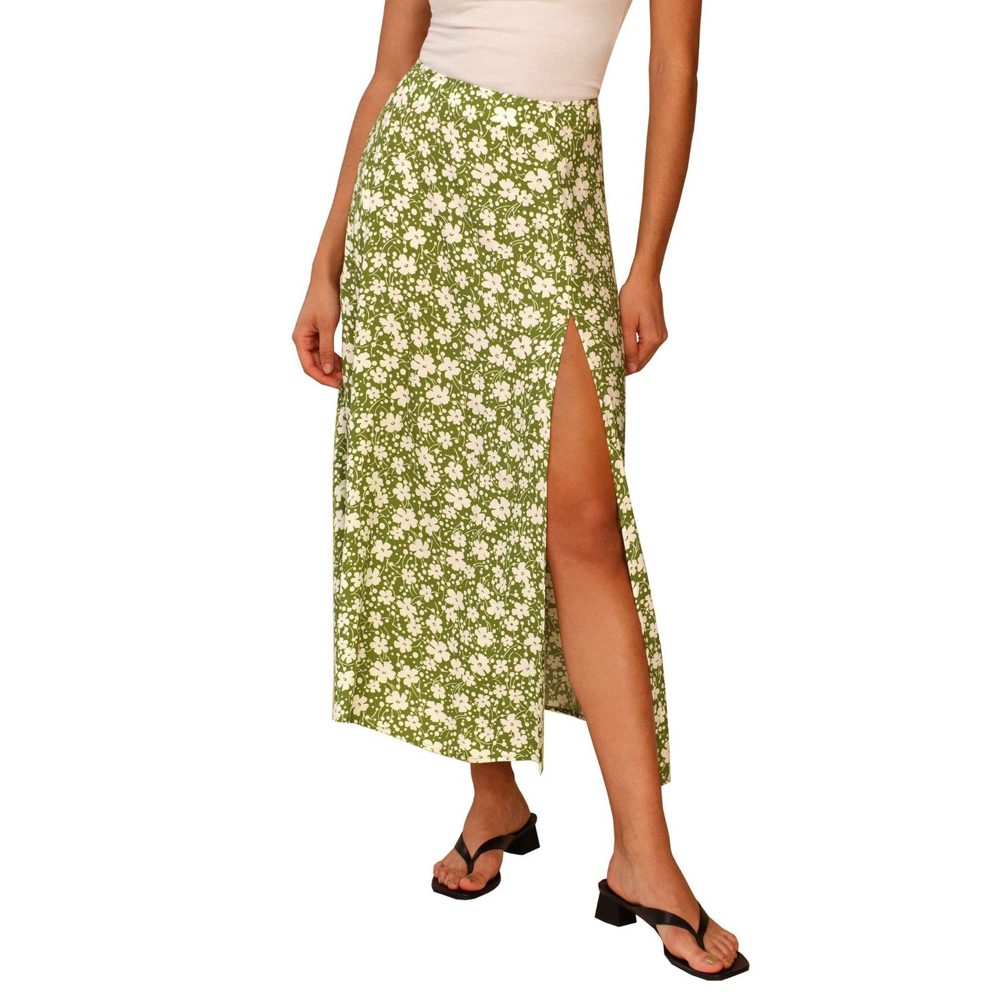 Women Casual Sweet Leopard Flower Printed Summer A-line Side-slit Skirt