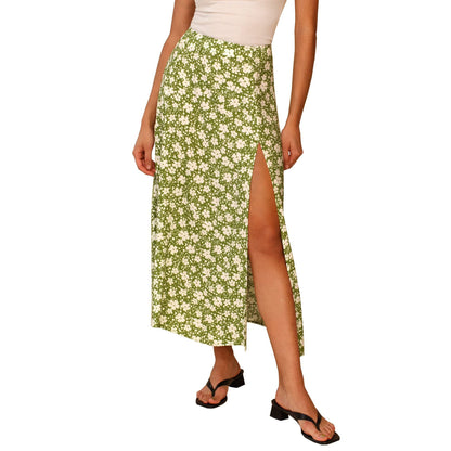 Women Casual Sweet Leopard Flower Printed Summer A-line Side-slit Skirt