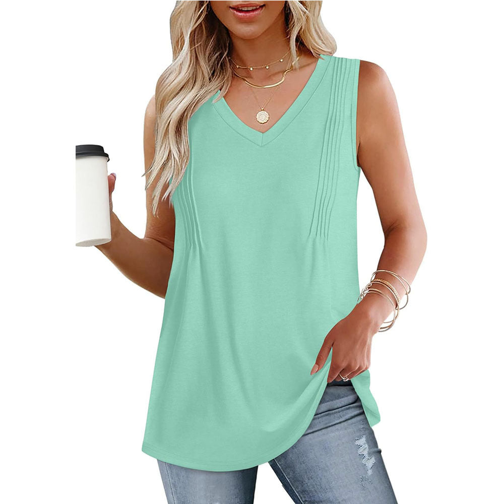 Women Casual Loose Solid Color Pleated V-Neck Tank Top