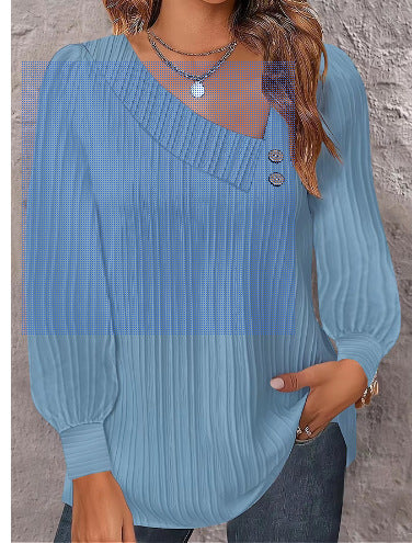 Camisa informal de verano para mujer, sencilla, de color liso, con cuello en V y manga larga