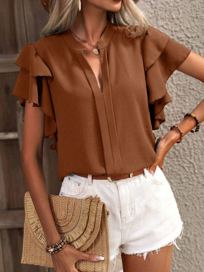 Blusa informal de verano para mujer, color liso, con cuello en V y mangas de hoja de loto de doble capa
