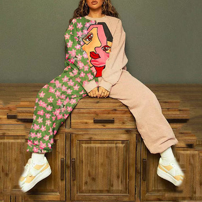 Conjunto de top y pantalón básico de manga larga con cuello redondo y estampado holgado para mujer