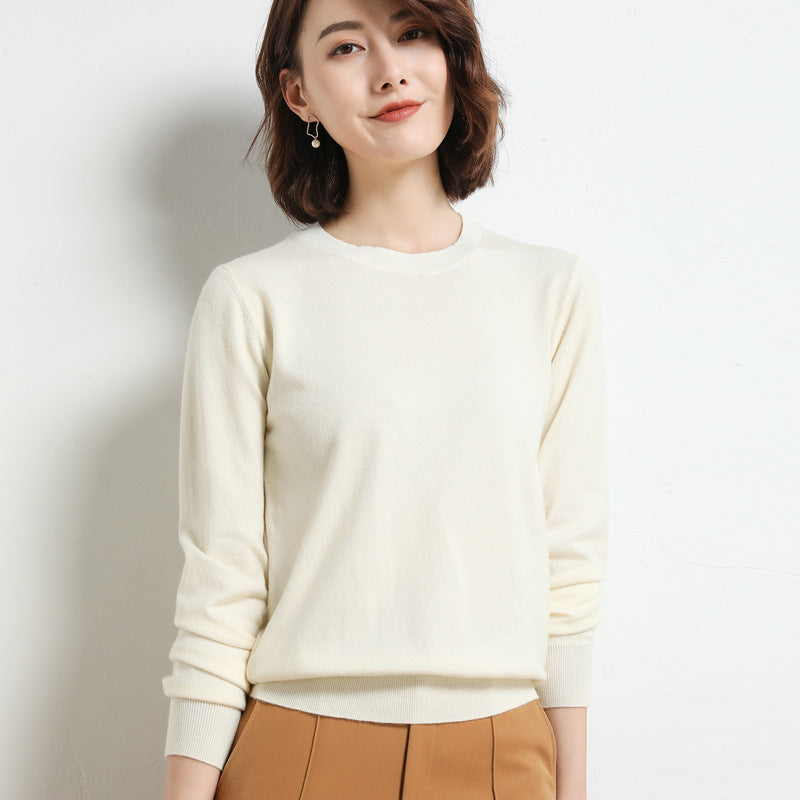 Women Simple Casual Solid Color Round Neck Long Sleeve Knitted Sweater