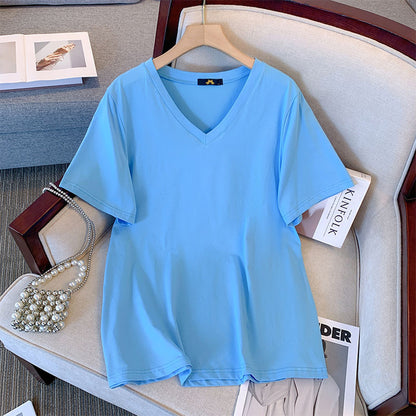 Camiseta informal de verano para mujer, color liso, cuello en V y manga corta
