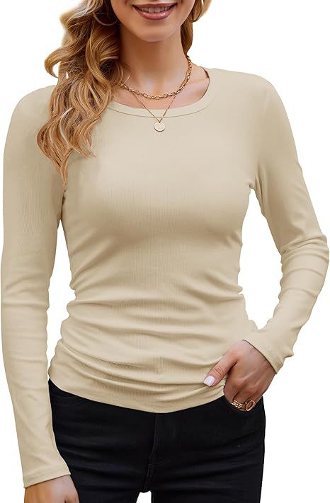 Camiseta informal de manga larga con cuello redondo y ribete de color liso para mujer