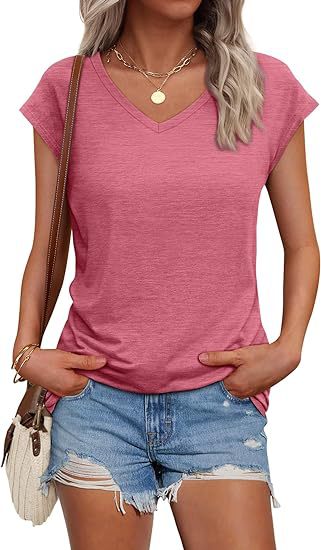 Camiseta informal de verano para mujer, color liso, cuello en V, manga corta, sin mangas