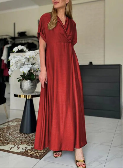 Women Casual Loose Solid Color V-Neck Short Sleeve Dress