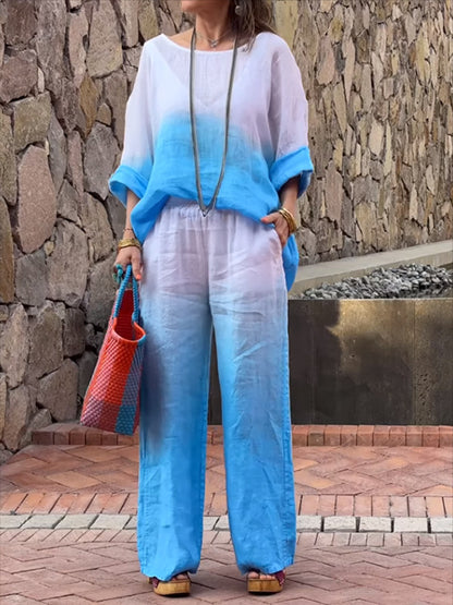 Conjunto de dos piezas de verano para mujer, informal, con degradado, manga larga, pantalones anchos y parte superior