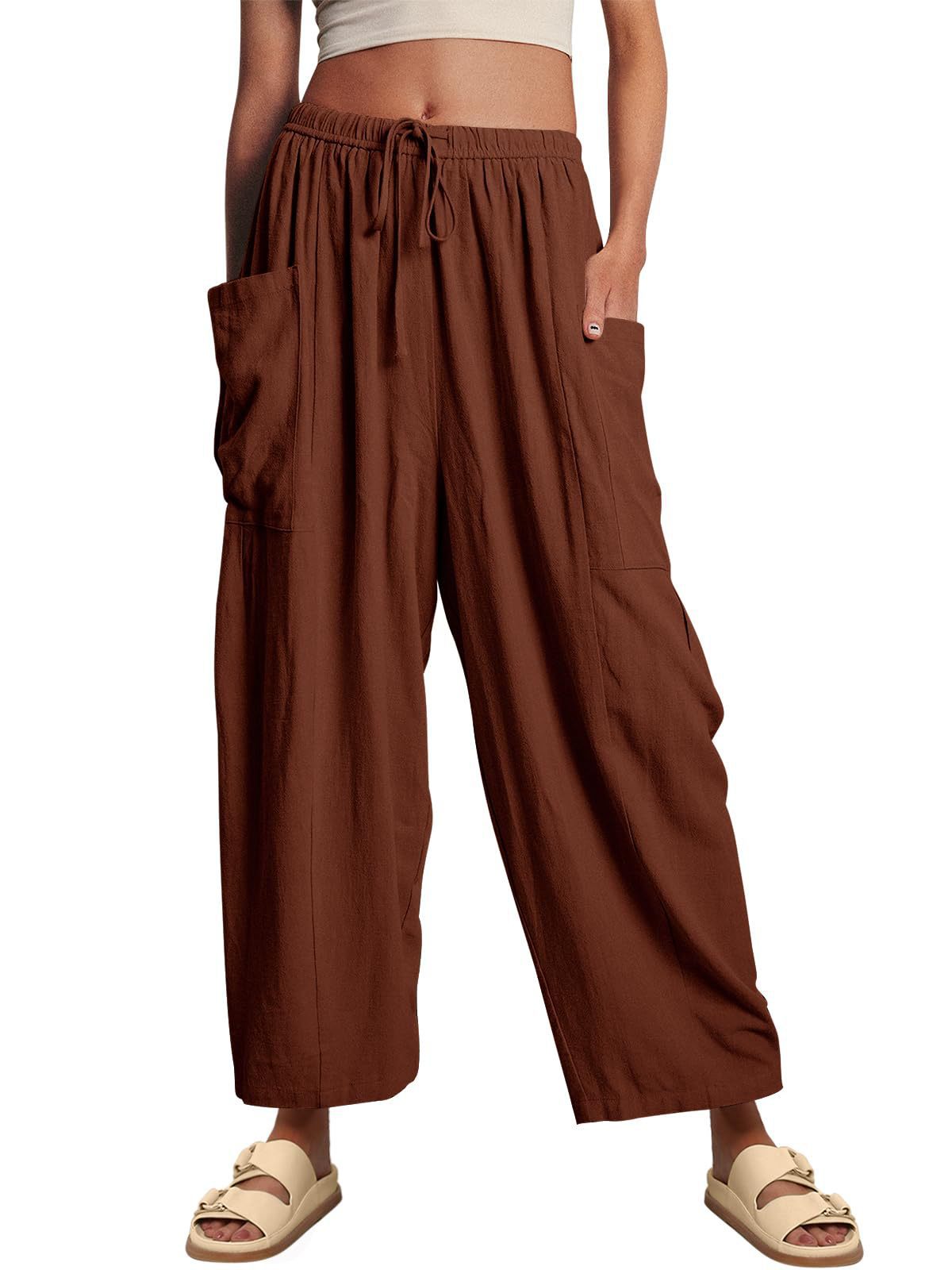 Pantalones cargo informales para mujer, con cintura elástica, plisados, de cintura alta, anchos y holgados, de algodón y lino con bolsillos.