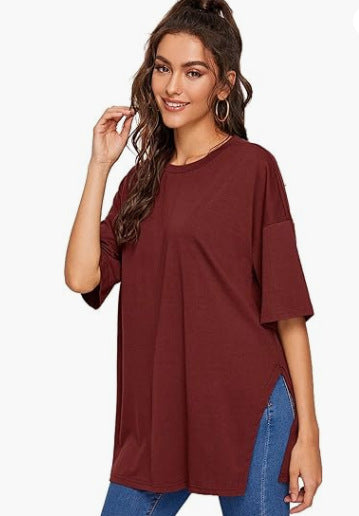 Summer Women Casual Solid Color Round Neck Short Sleeve Split T-Shirt