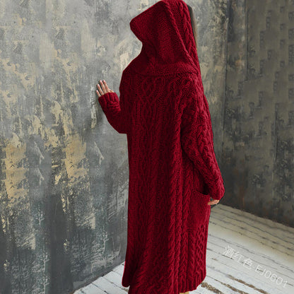 Women Casual Solid Color Long Sleeve Hooded Cardigan Knitted Sweater