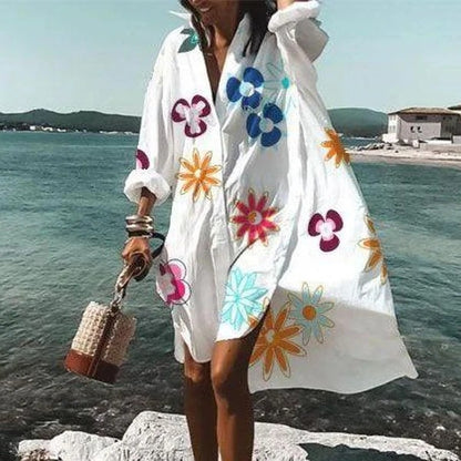 Women Casual Long Sleeves Summer Fashion Lapel Single-breasted Shirt Dress