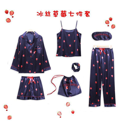 Conjunto de pijama fino de siete piezas con estampado de rayas informal sencillo para mujer