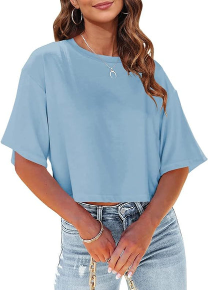 Camiseta básica informal de media manga con estampado de color liso para mujer
